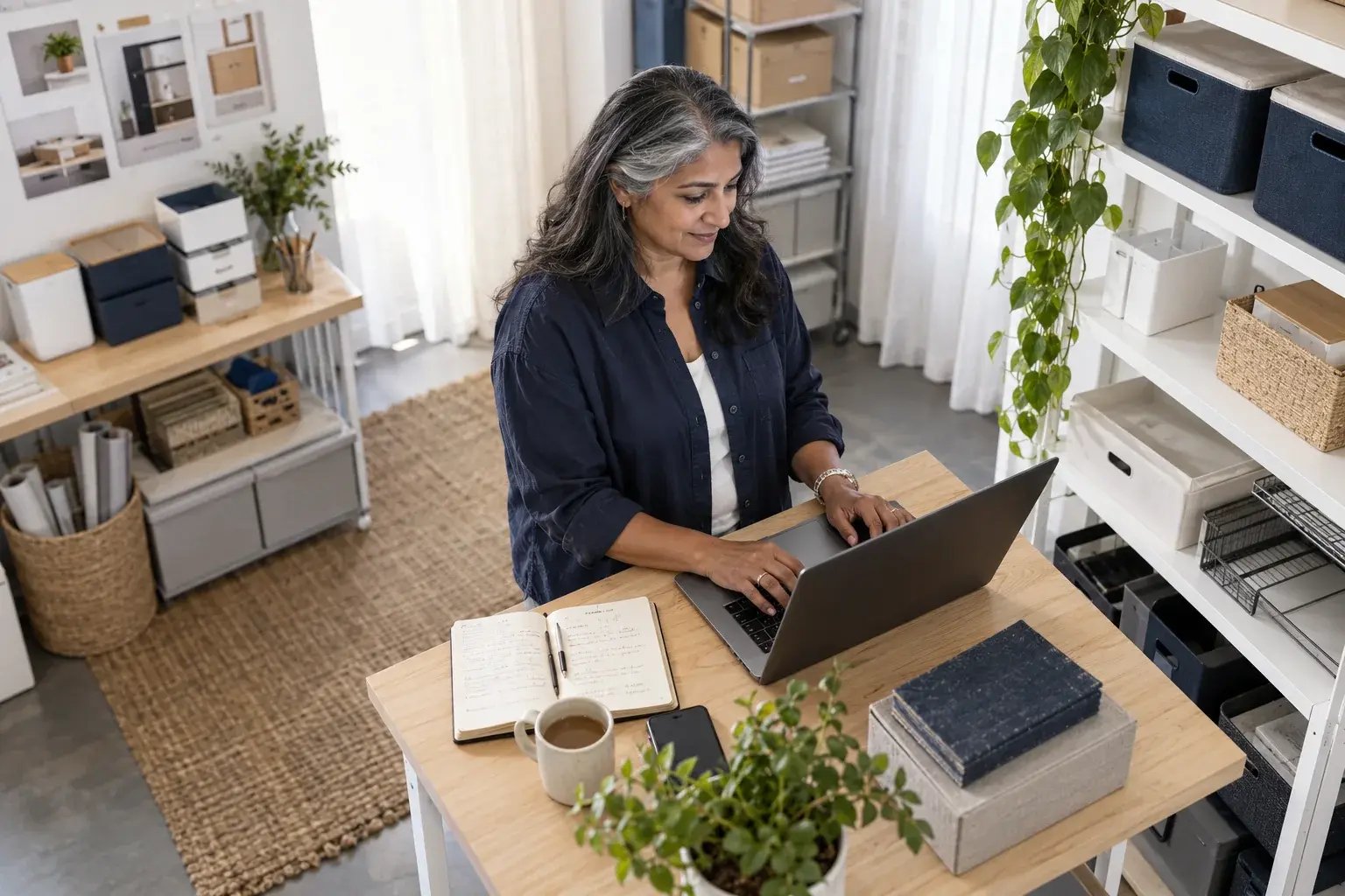 A business professional setting up repeat order preferences at a standing laptop station beside product shelving, working with modular shelving and modern storage products.
