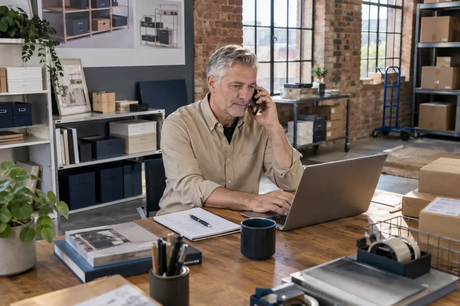 A business professional answering a delivery question by phone while checking a shipment on a laptop in a calm customer service nook, working with modular shelving and modern storage products.