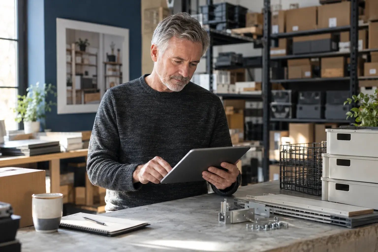 A business professional reviewing incoming online orders on a tablet beside neatly arranged products, working with modular shelving and modern storage products.