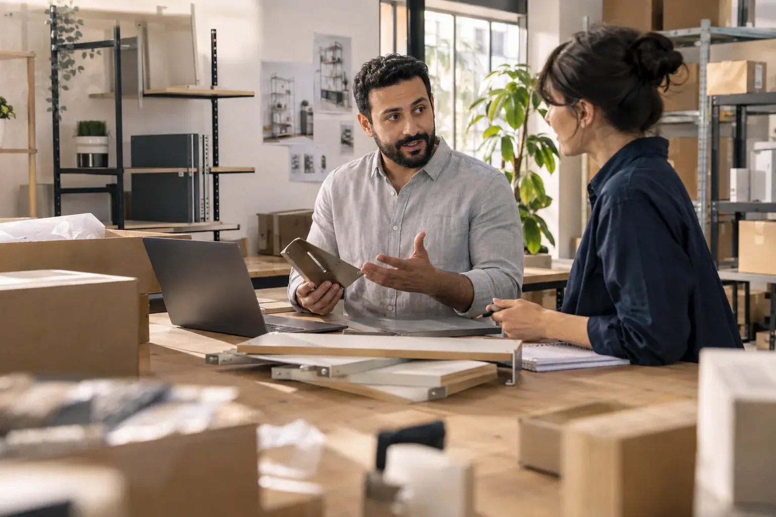 A business professional discussing delivery choices with a colleague, laptop and product cartons on the counter, working with modular shelving and modern storage products.