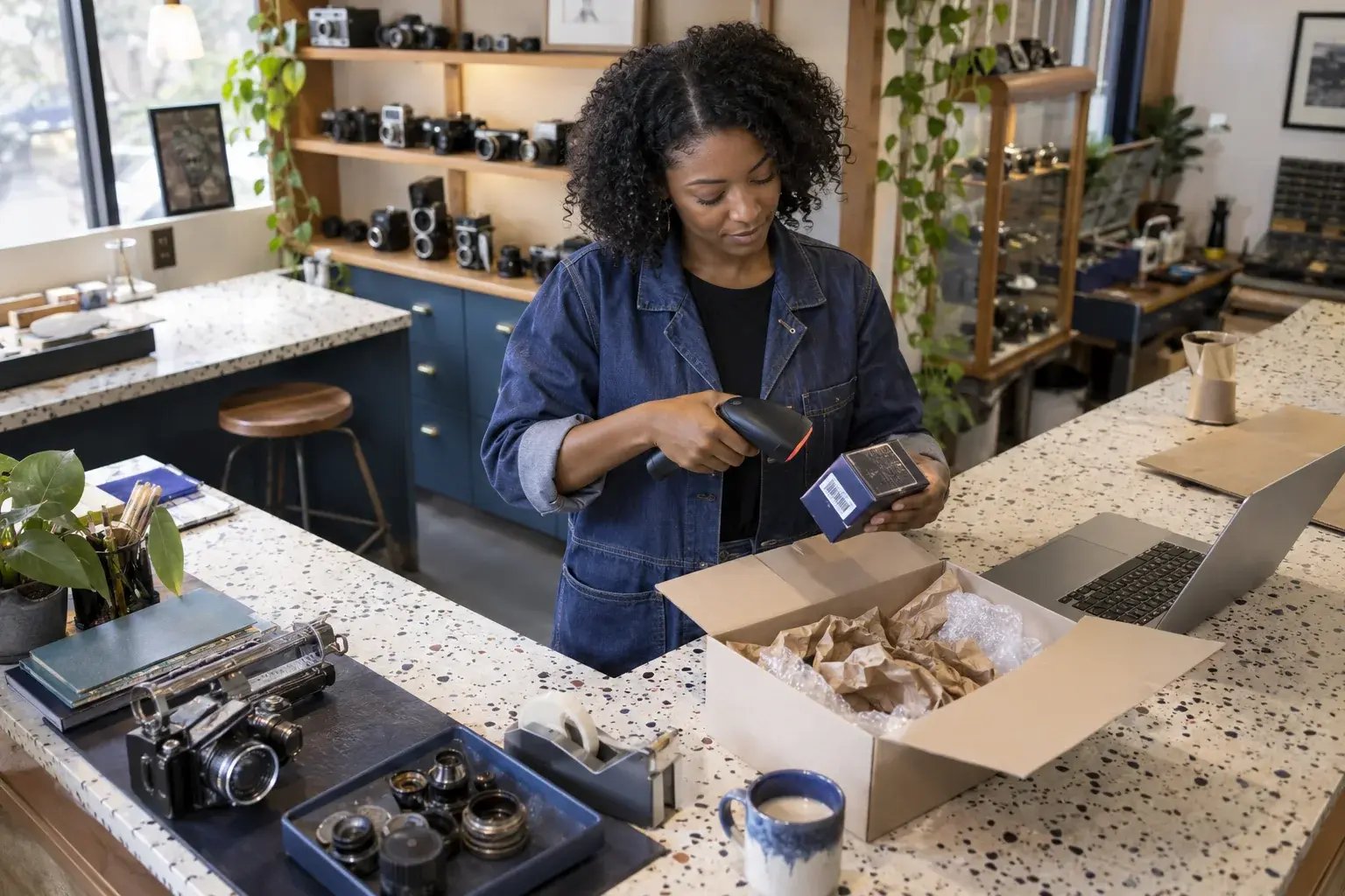 A business professional scanning a product barcode at an efficient packing bench, scanner aimed at a real product, working with vintage cameras and collectible mechanical parts.