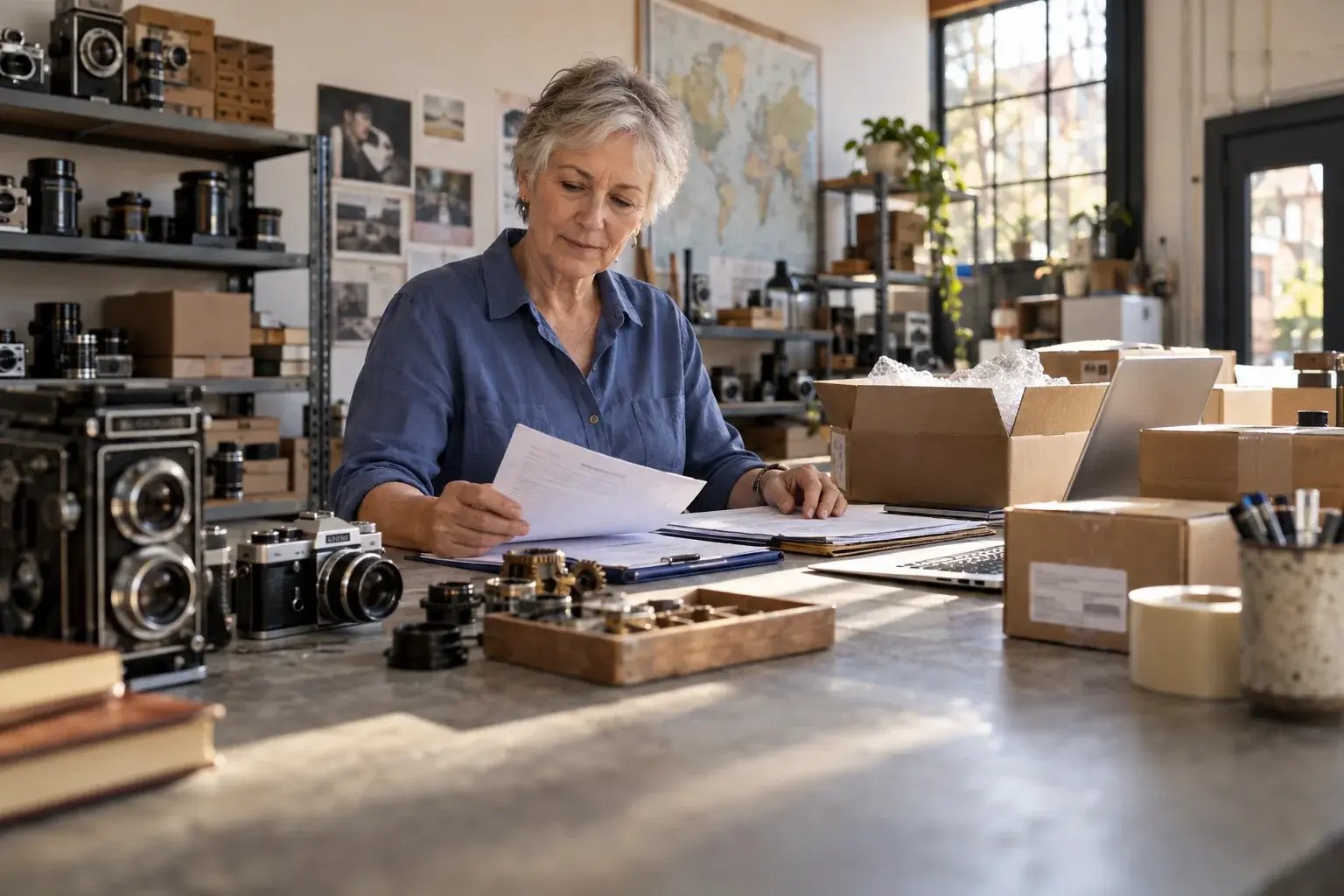 A business professional reviewing export paperwork beside securely packed products in an airy dispatch office, working with vintage cameras and collectible mechanical parts.