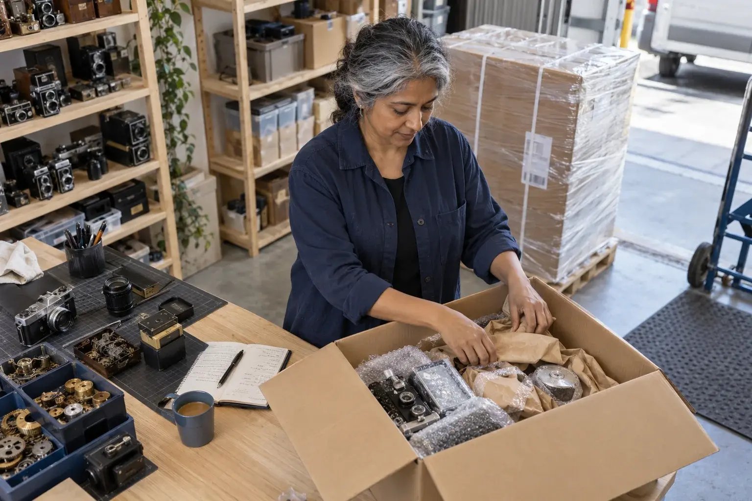 A business professional coordinating a large boxed order beside a securely wrapped pallet in a bright small-business loading area, working with vintage cameras and collectible mechanical parts.