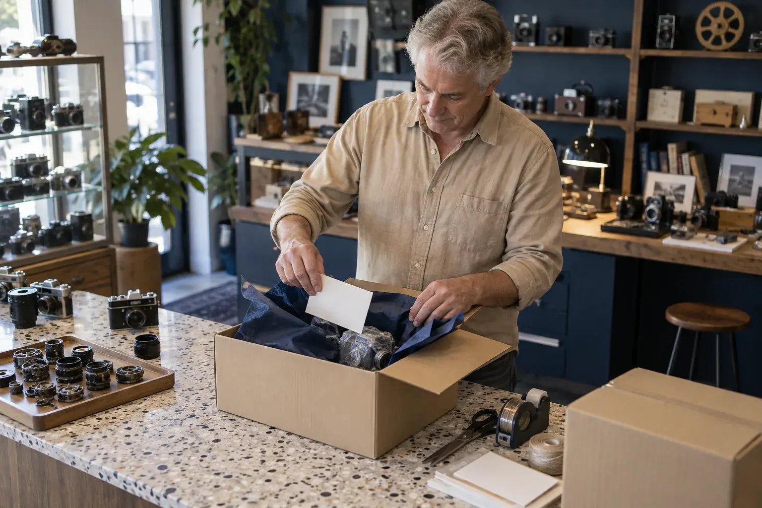 A business professional adding a plain elegant thank-you card and tissue wrap to a beautifully presented product order, working with vintage cameras and collectible mechanical parts.