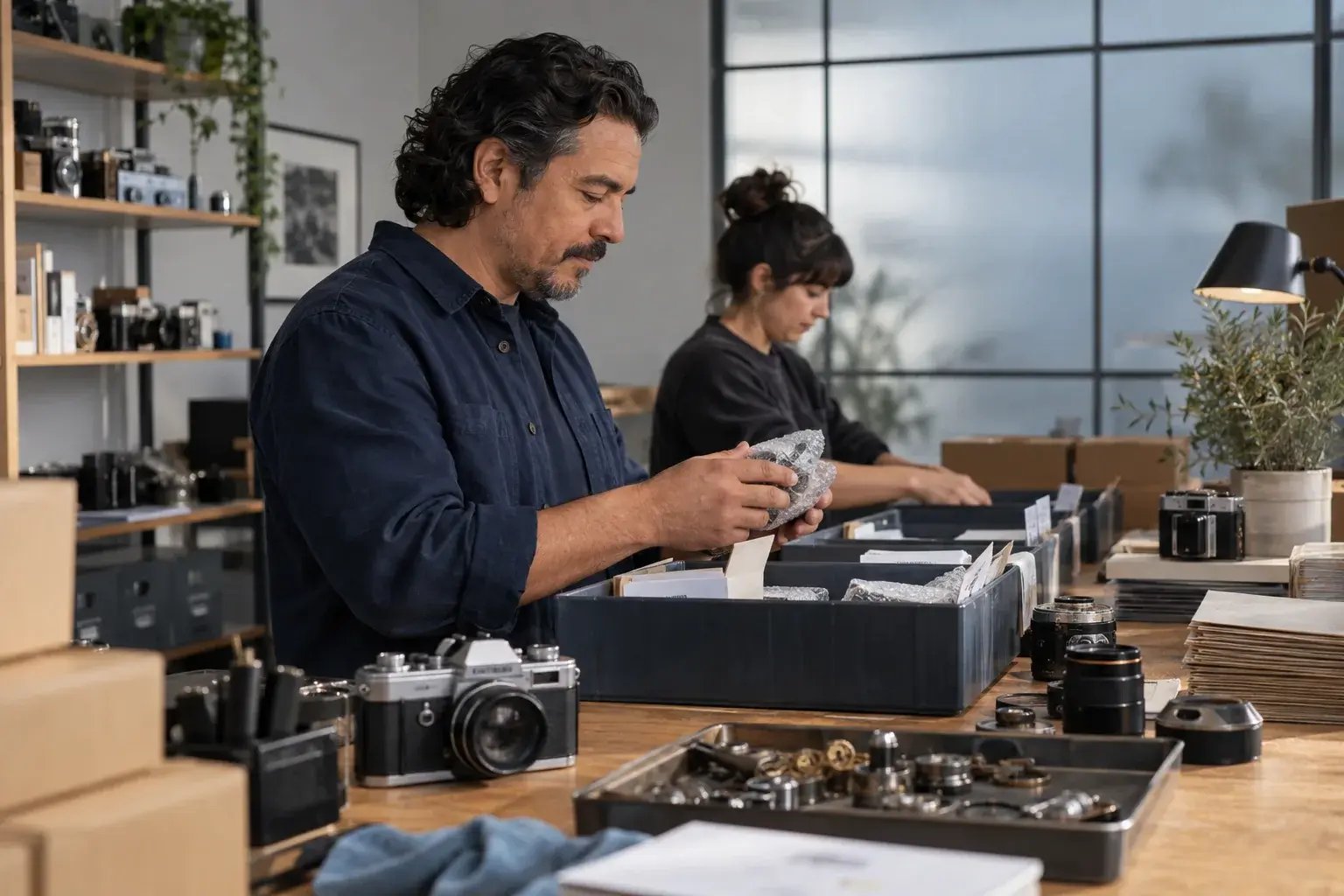 A business professional sorting a batch of individually packed orders into orderly dispatch trays with a coworker, working with vintage cameras and collectible mechanical parts.