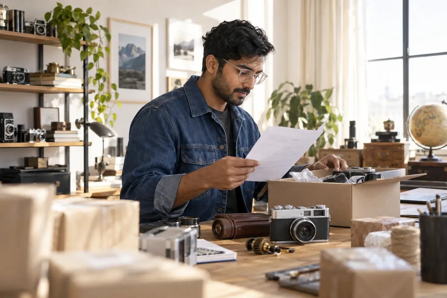 A business professional checking a commercial invoice beside an open product carton at a sunlit desk, working with vintage cameras and collectible mechanical parts.
