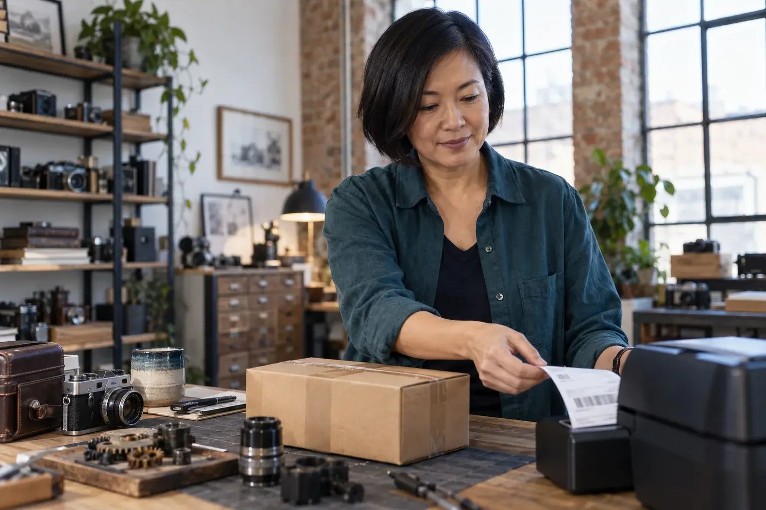 A business professional collecting a shipping label from a desktop thermal printer beside a finished parcel, working with vintage cameras and collectible mechanical parts.