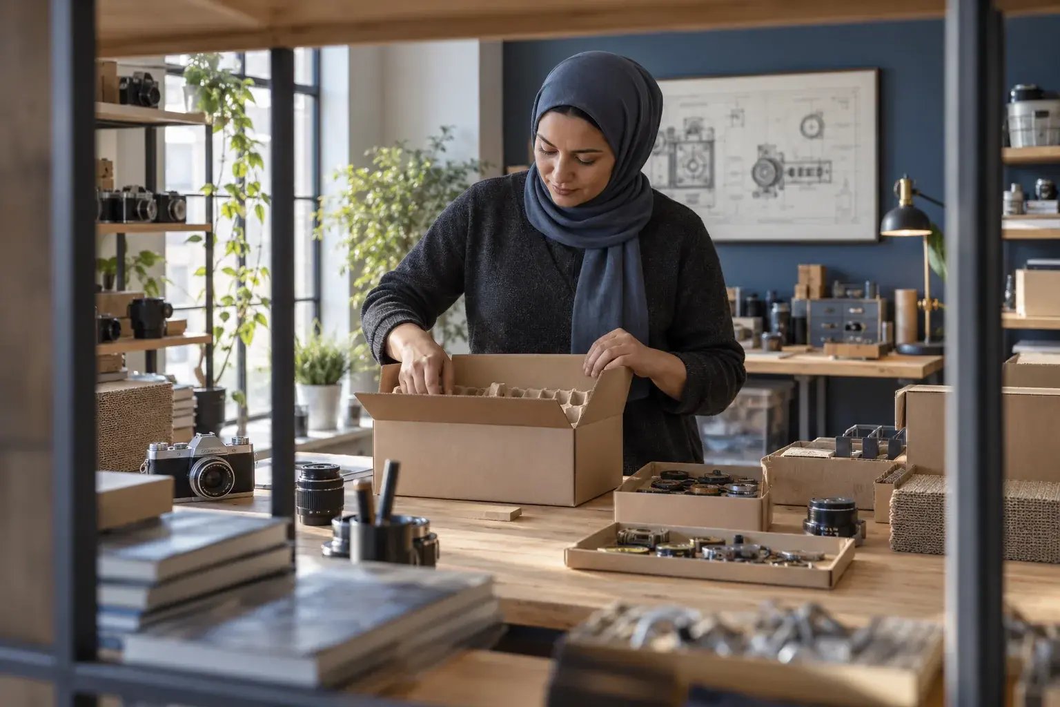 A business professional choosing a well-fitting recyclable carton for a product, kraft inserts visible, working with vintage cameras and collectible mechanical parts.