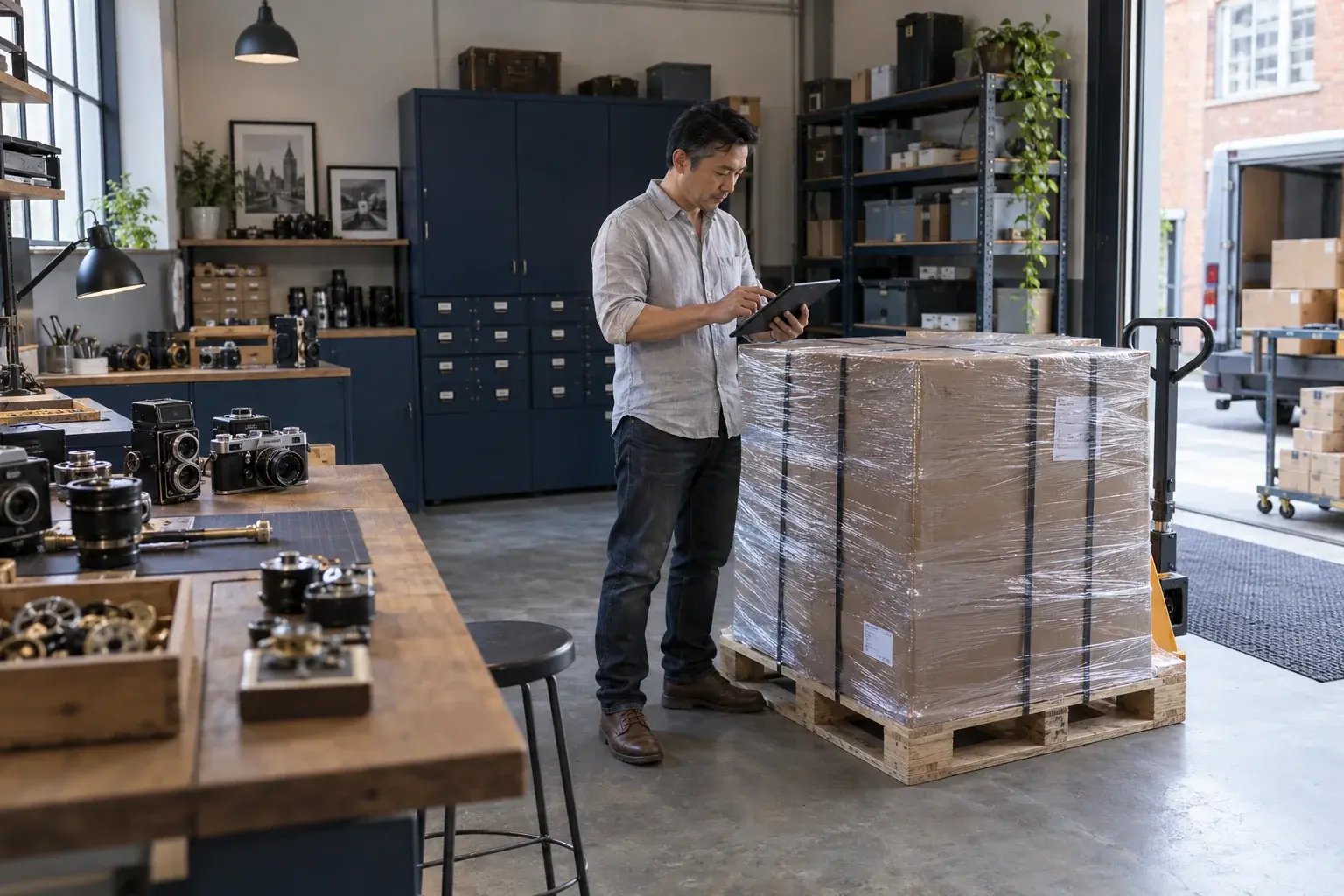 A business professional checking a securely wrapped pallet order with a tablet in an orderly commercial dispatch bay, working with vintage cameras and collectible mechanical parts.