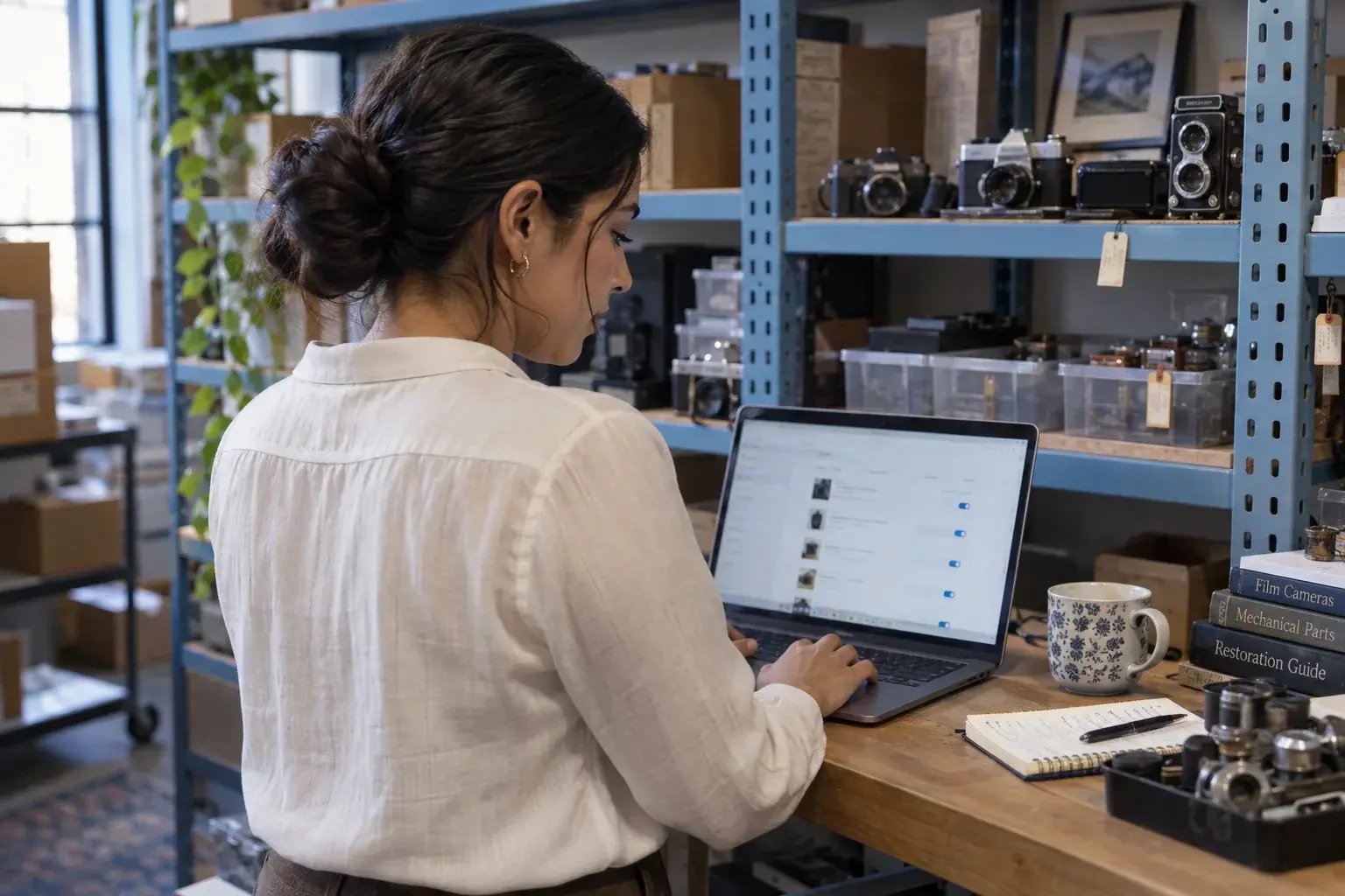 A business professional setting up repeat order preferences at a standing laptop station beside product shelving, working with vintage cameras and collectible mechanical parts.