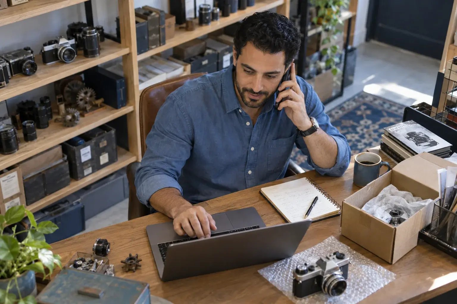 A business professional answering a delivery question by phone while checking a shipment on a laptop in a calm customer service nook, working with vintage cameras and collectible mechanical parts.