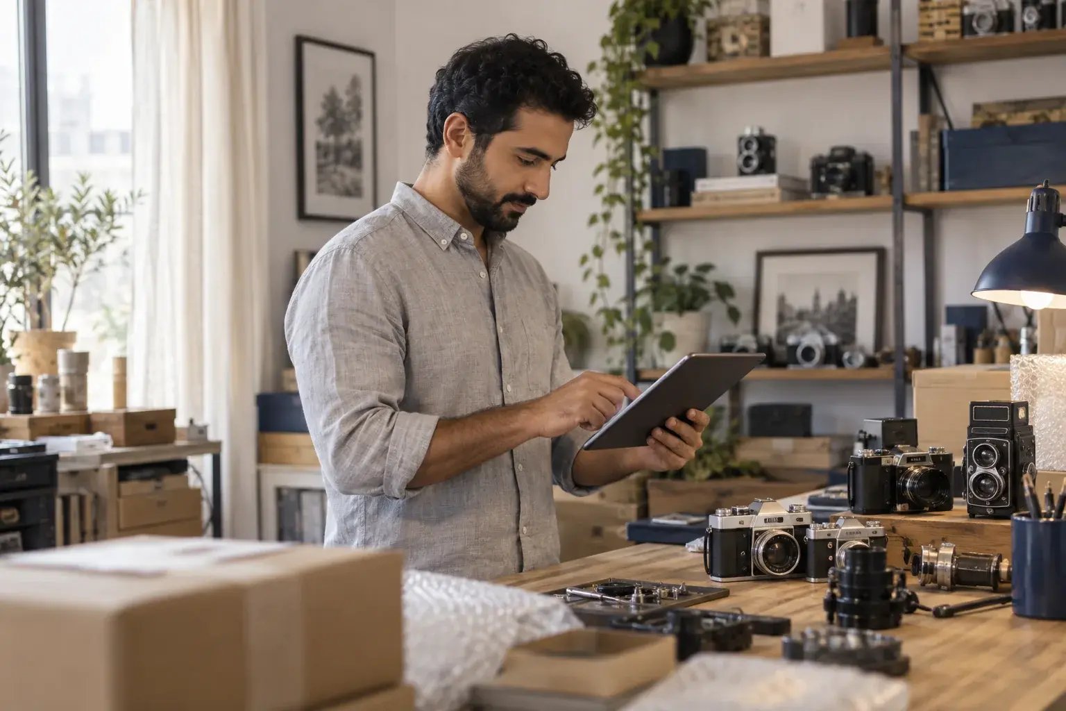A business professional reviewing incoming online orders on a tablet beside neatly arranged products, working with vintage cameras and collectible mechanical parts.