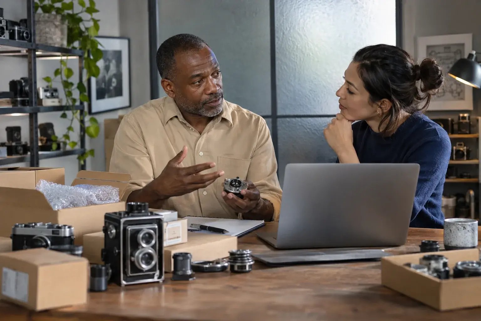 A business professional discussing delivery choices with a colleague, laptop and product cartons on the counter, working with vintage cameras and collectible mechanical parts.