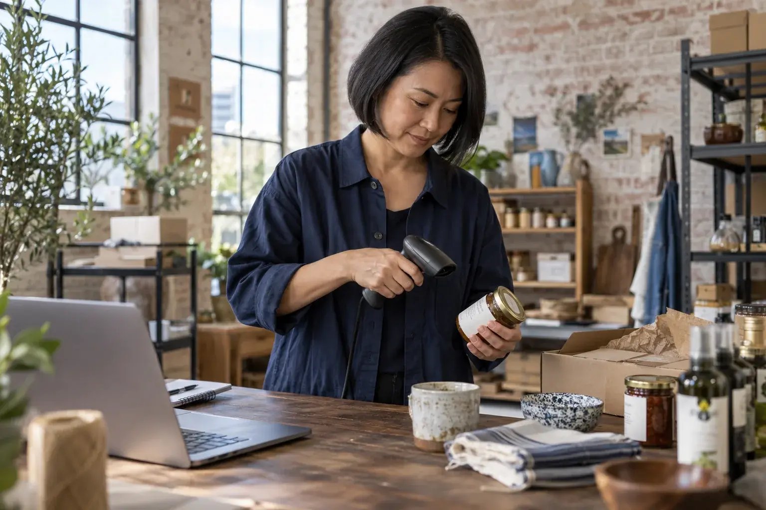 Une professionnelle numérisant un produit au poste d’emballage. Produits : produits gourmets et accessoires de maison.