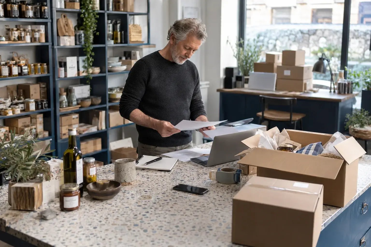Un professionnel préparant les documents d’une commande internationale. Produits : produits gourmets et accessoires de maison.