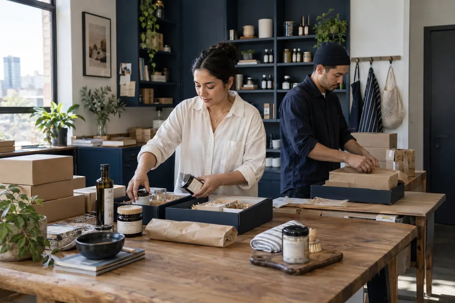 Une entrepreneure organisant un lot de commandes avec un collègue. Produits : produits gourmets et accessoires de maison.