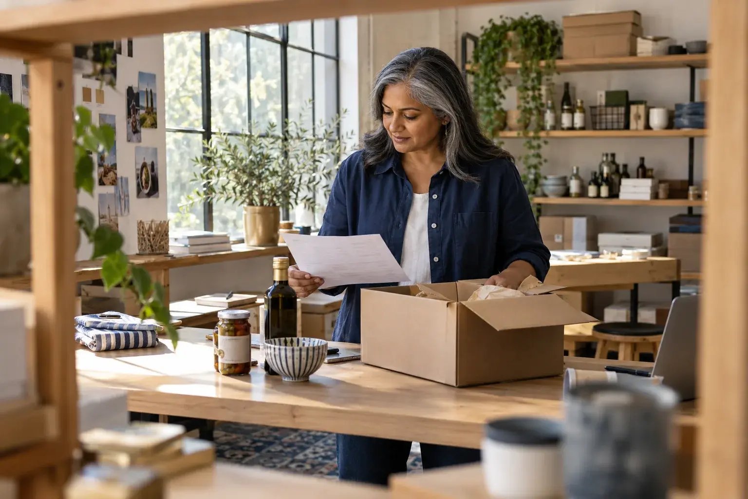 Une professionnelle vérifiant les documents d’un envoi transfrontalier. Produits : produits gourmets et accessoires de maison.