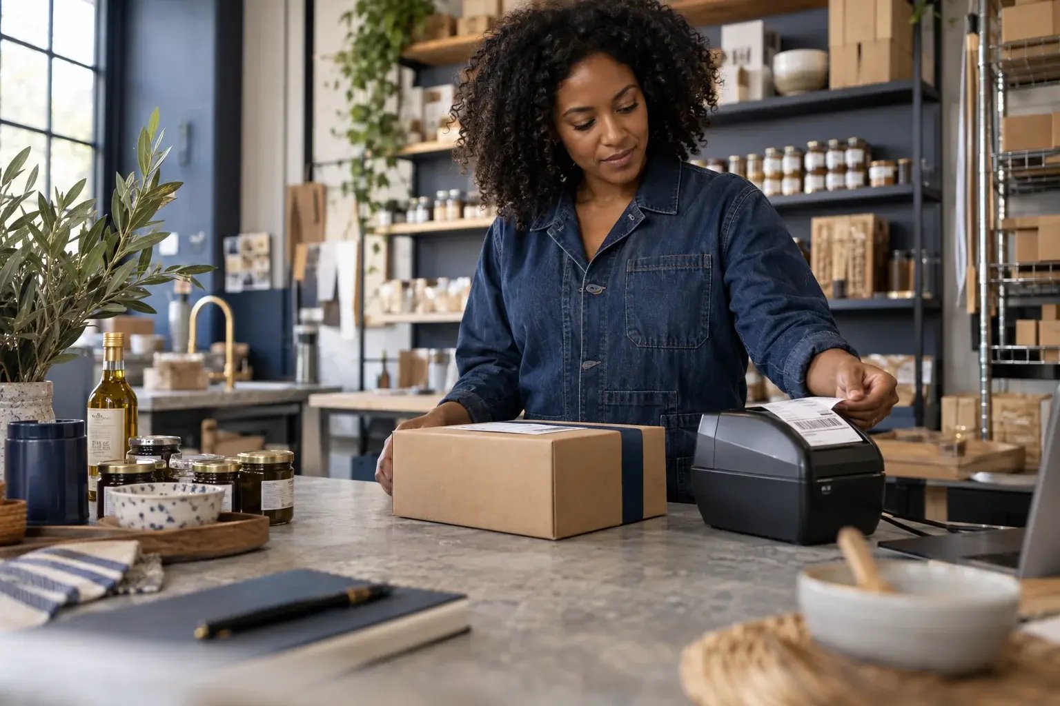 Une entrepreneure récupérant une étiquette d’expédition près d’un colis prêt. Produits : produits gourmets et accessoires de maison.