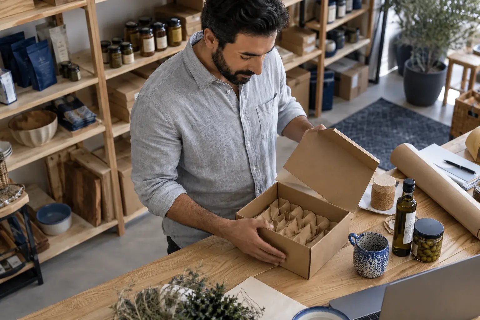 Un entrepreneur choisissant une boîte adaptée à un produit. Produits : produits gourmets et accessoires de maison.