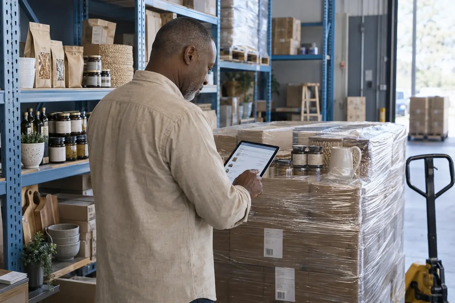 Un professionnel vérifiant une commande sur palette à l’aide d’une tablette. Produits : produits gourmets et accessoires de maison.
