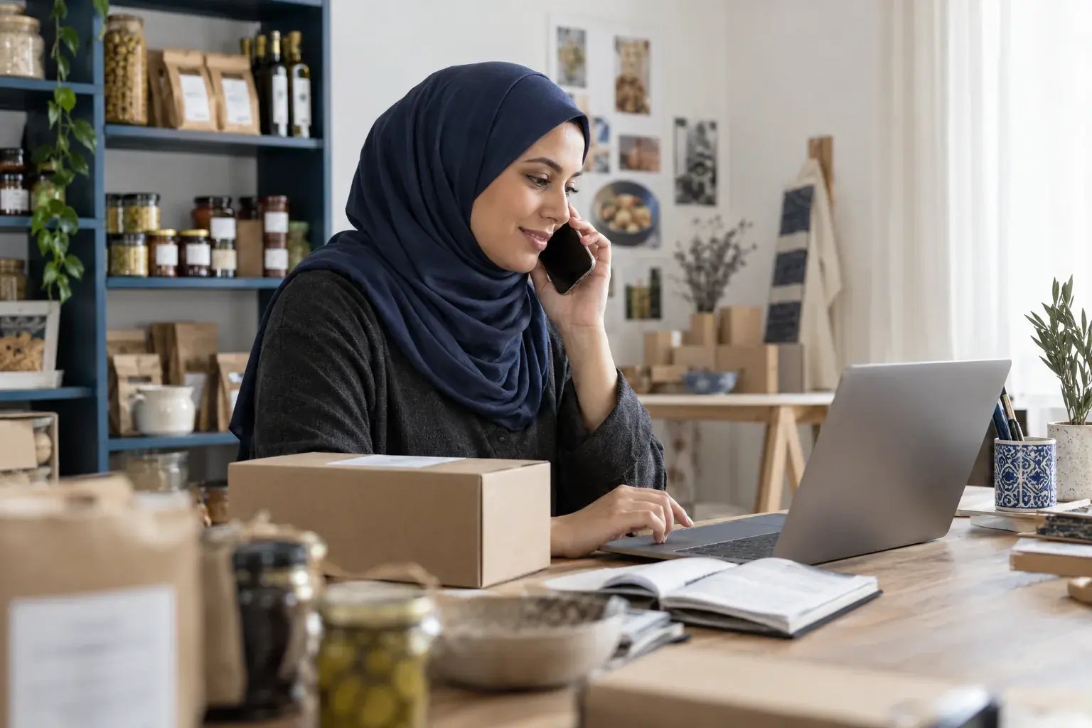 Une entrepreneure répondant à une question sur la livraison au bureau. Produits : produits gourmets et accessoires de maison.
