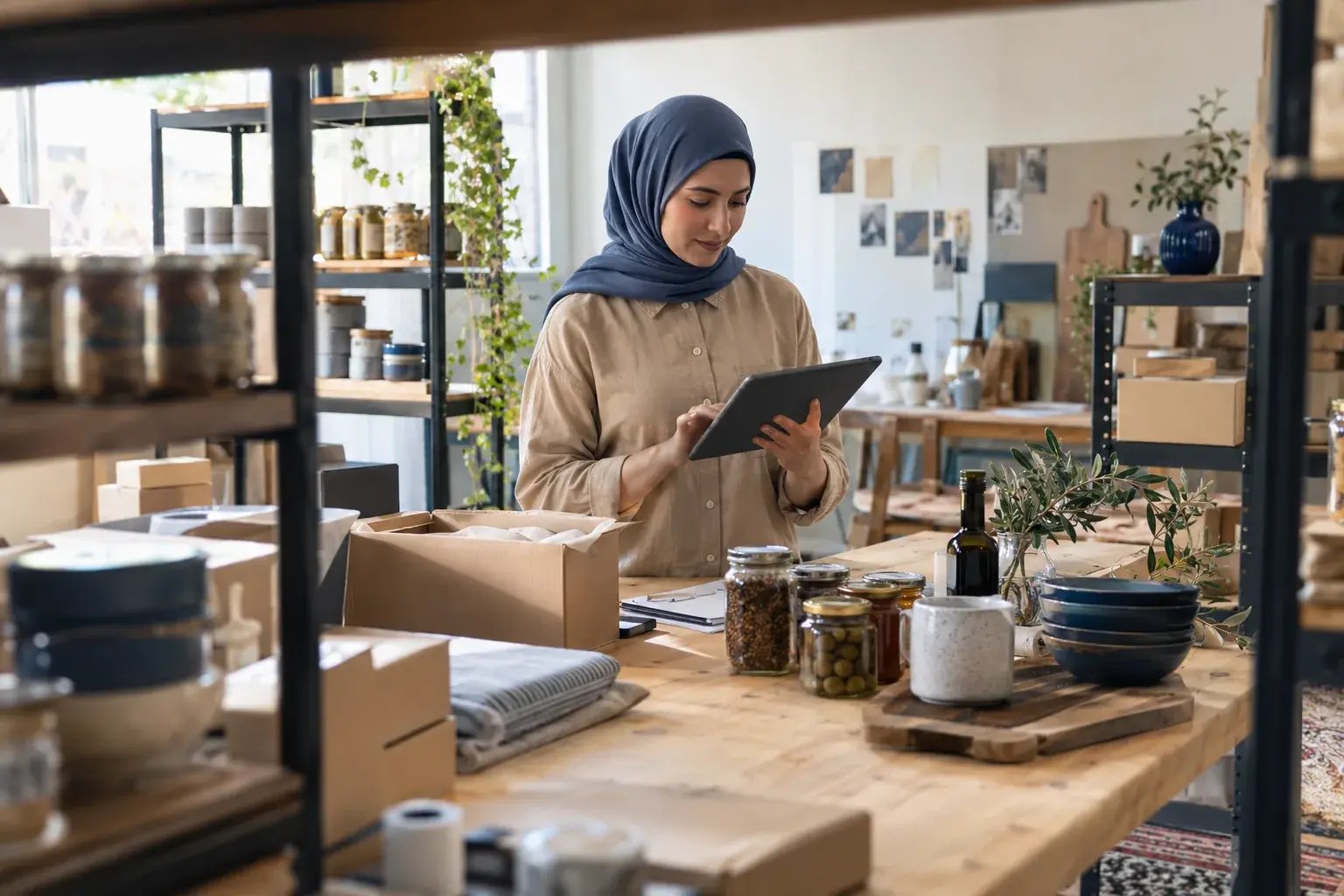 Une entrepreneure consultant les commandes en ligne sur une tablette. Produits : produits gourmets et accessoires de maison.