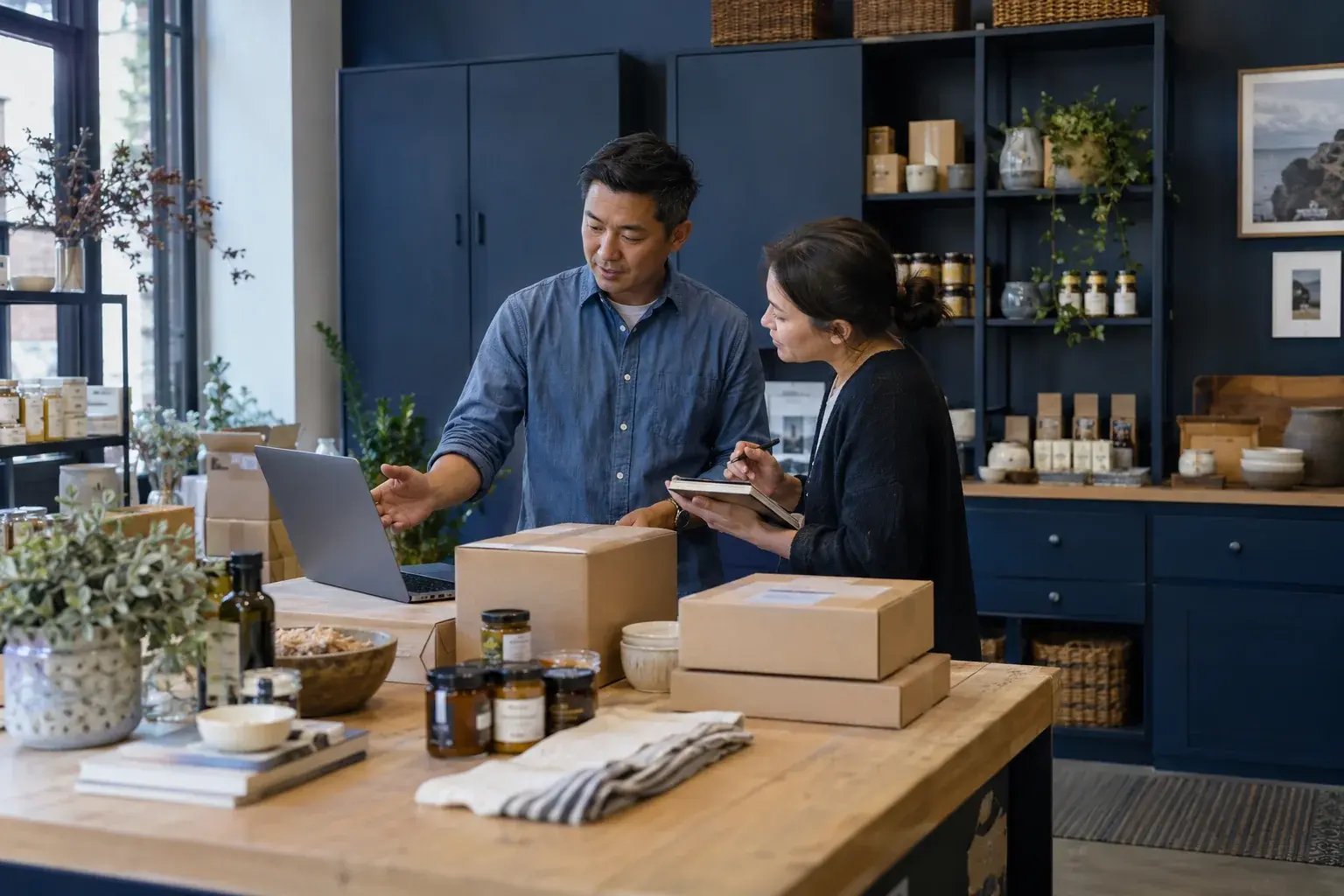 Un entrepreneur comparant les options de livraison avec un collègue. Produits : produits gourmets et accessoires de maison.