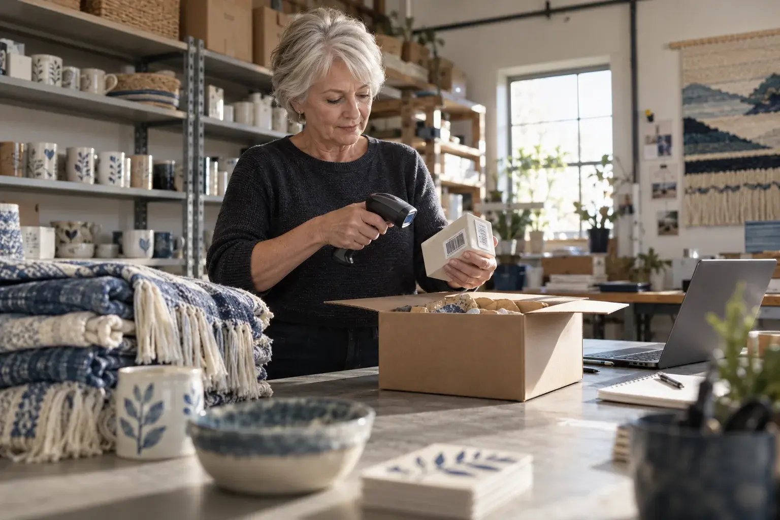 Une professionnelle numérisant un produit au poste d’emballage. Produits : souvenirs en céramique et créations textiles.
