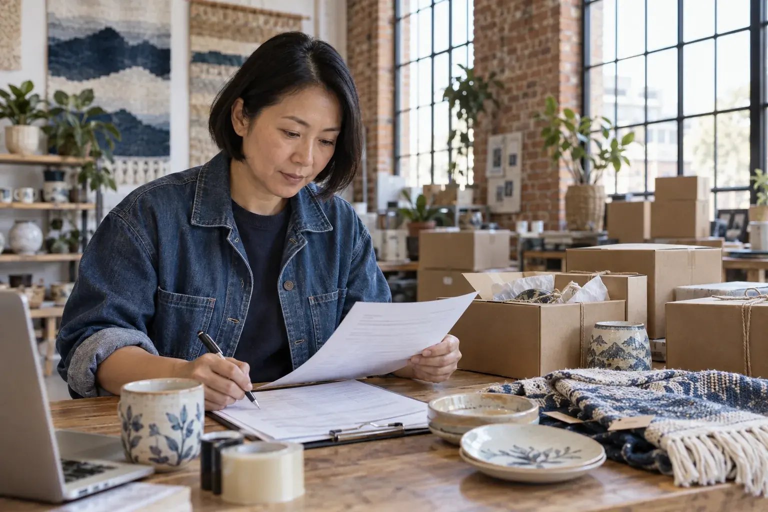 Une professionnelle préparant les documents d’une commande internationale. Produits : souvenirs en céramique et créations textiles.