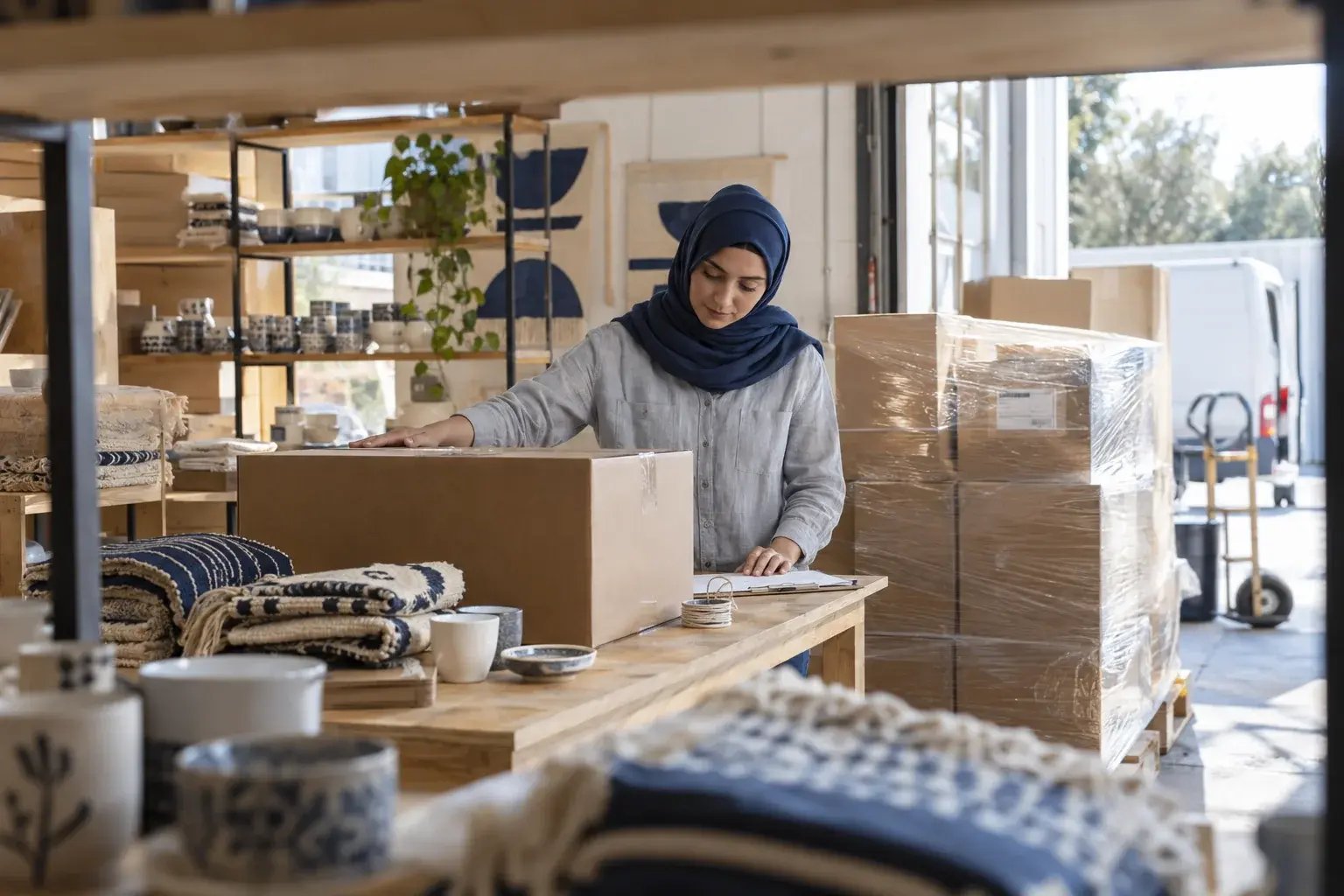 Une entrepreneure coordonnant une commande volumineuse près d’une palette. Produits : souvenirs en céramique et créations textiles.