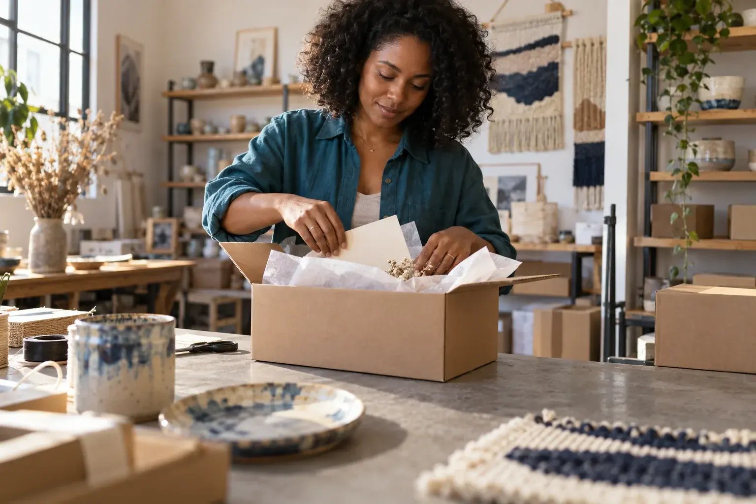 Une entrepreneure soignant la présentation d’une commande et son emballage. Produits : souvenirs en céramique et créations textiles.