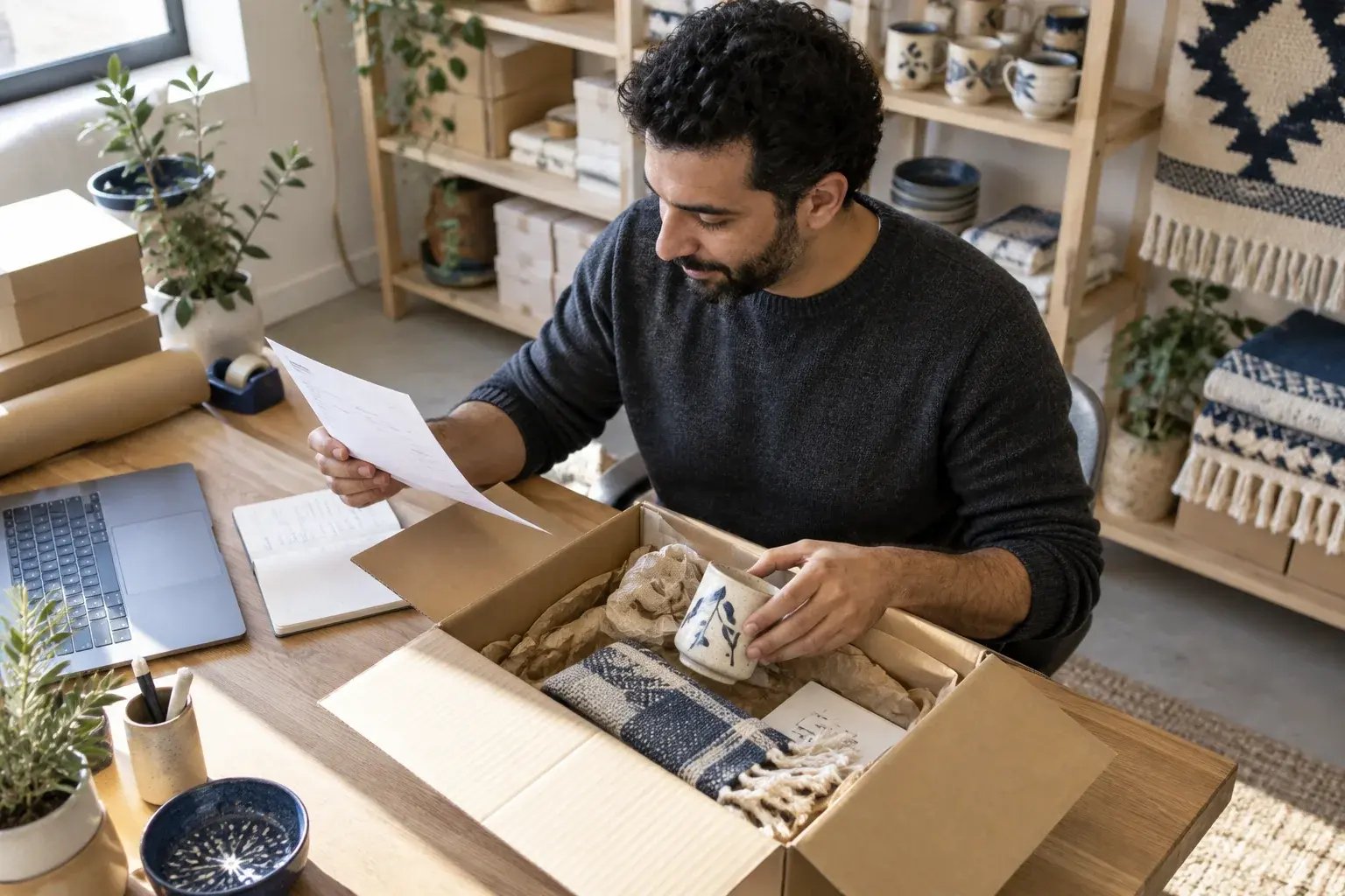 Un entrepreneur vérifiant les documents d’un envoi transfrontalier. Produits : souvenirs en céramique et créations textiles.