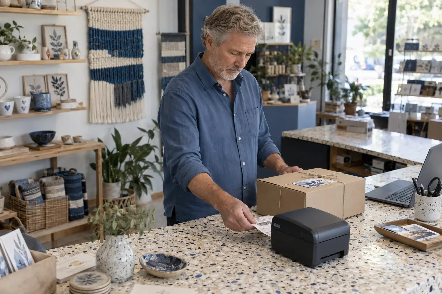 Un professionnel récupérant une étiquette d’expédition près d’un colis prêt. Produits : souvenirs en céramique et créations textiles.