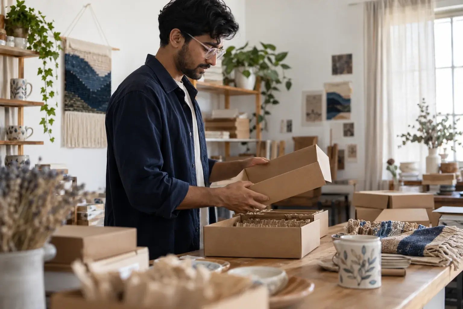 Un entrepreneur choisissant une boîte adaptée à un produit. Produits : souvenirs en céramique et créations textiles.
