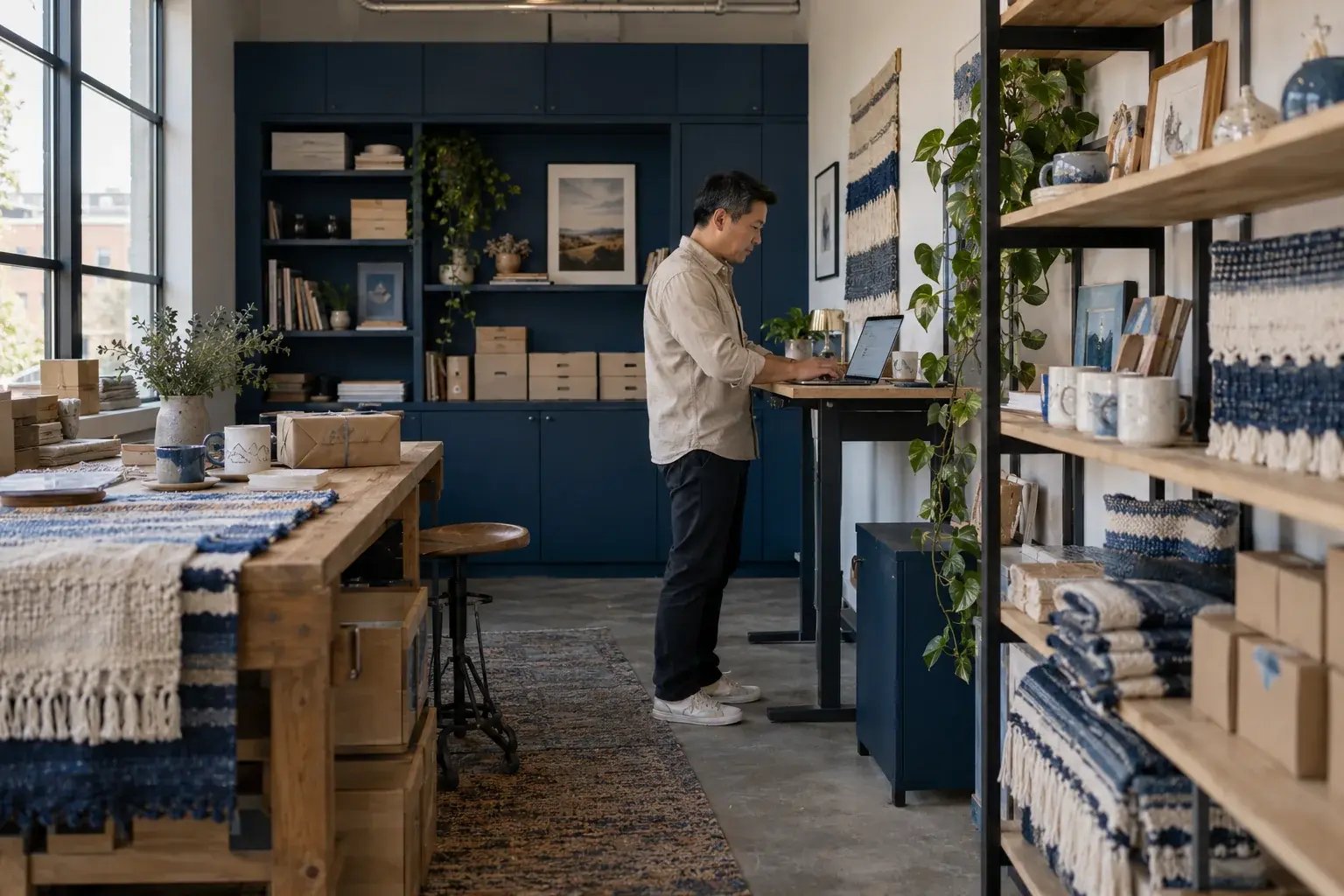 Un entrepreneur organisant les commandes récurrentes près des étagères de produits. Produits : souvenirs en céramique et créations textiles.