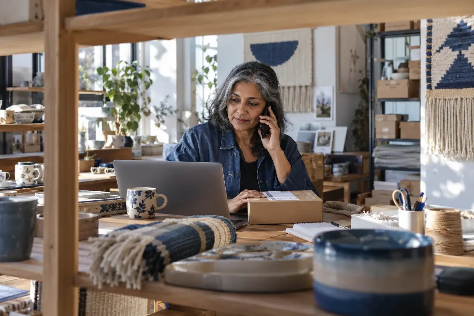Une professionnelle répondant à une question sur la livraison au bureau. Produits : souvenirs en céramique et créations textiles.