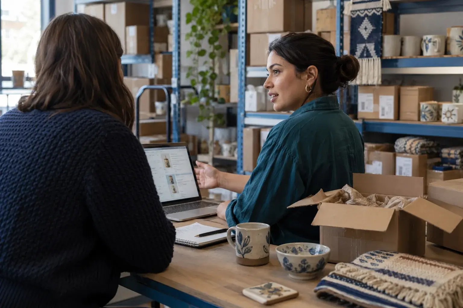Une entrepreneure comparant les options de livraison avec un collègue. Produits : souvenirs en céramique et créations textiles.