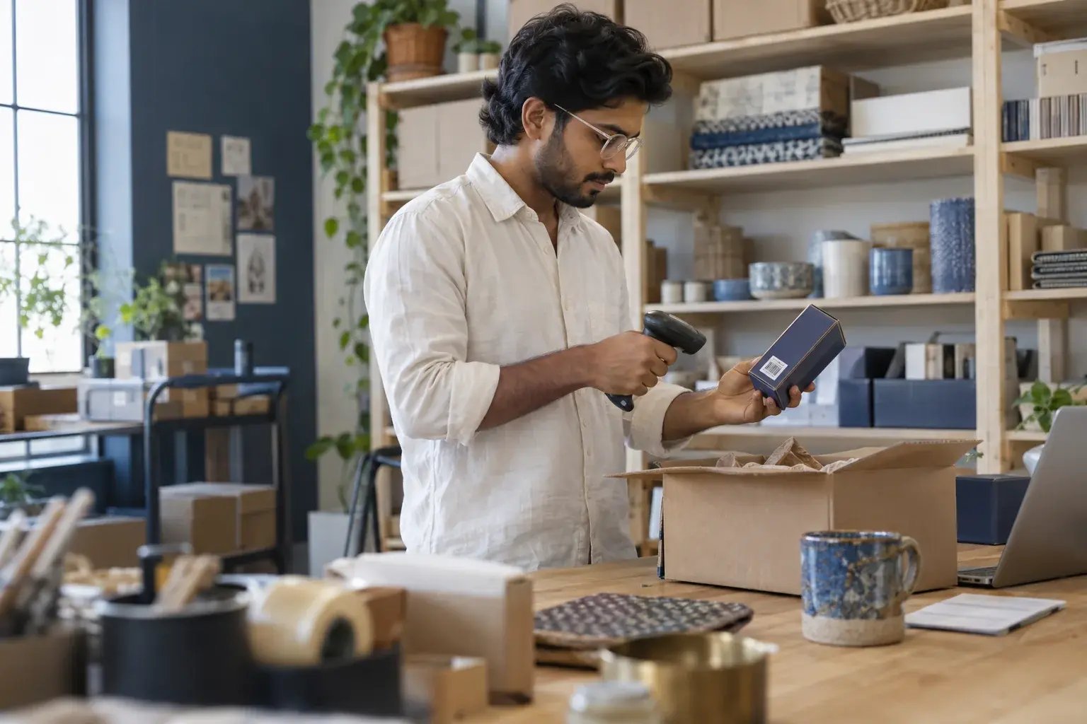 Un entrepreneur numérisant un produit au poste d’emballage. Produits : produits artisanaux et échantillons de vente au détail.