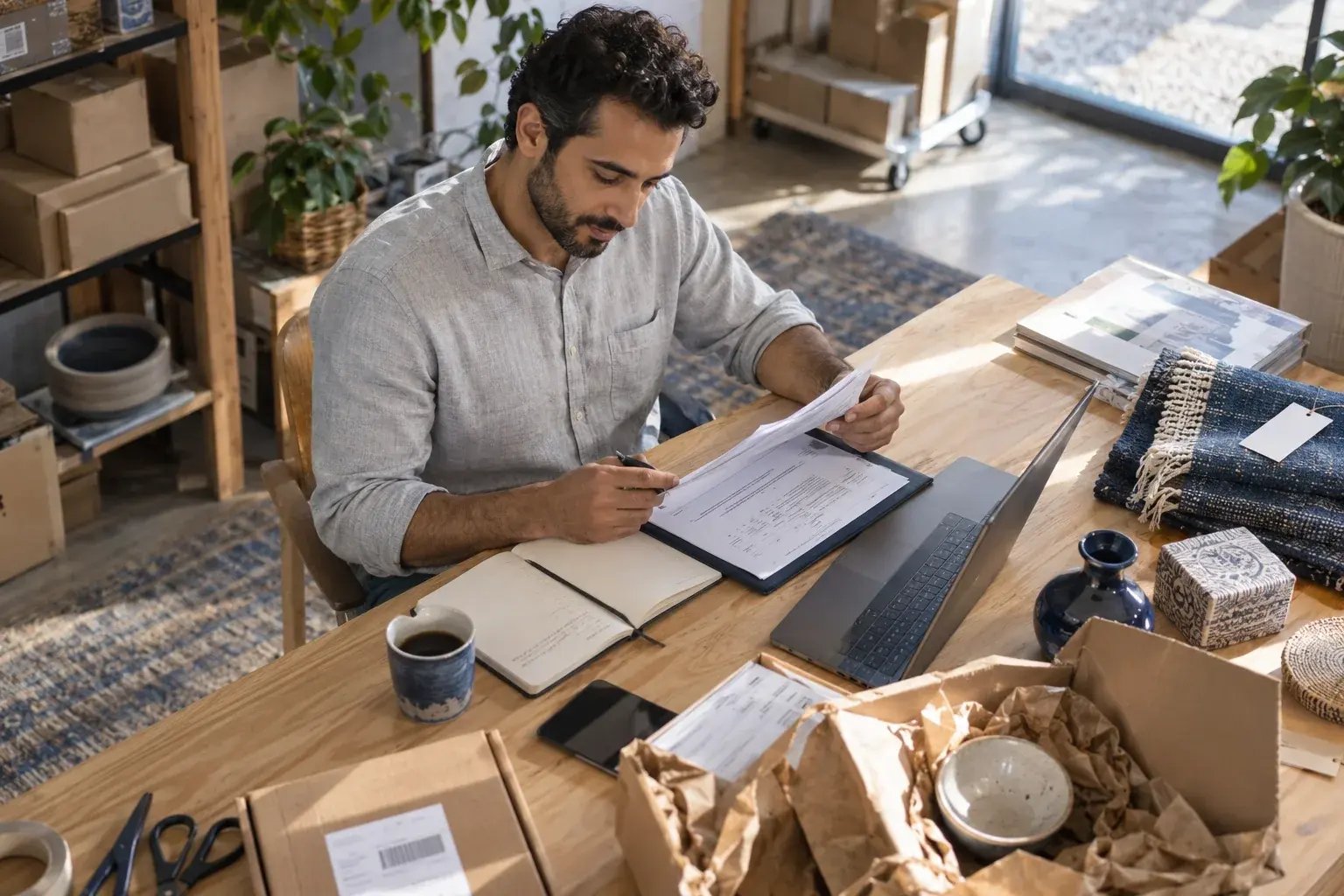 Un entrepreneur préparant les documents d’une commande internationale. Produits : produits artisanaux et échantillons de vente au détail.
