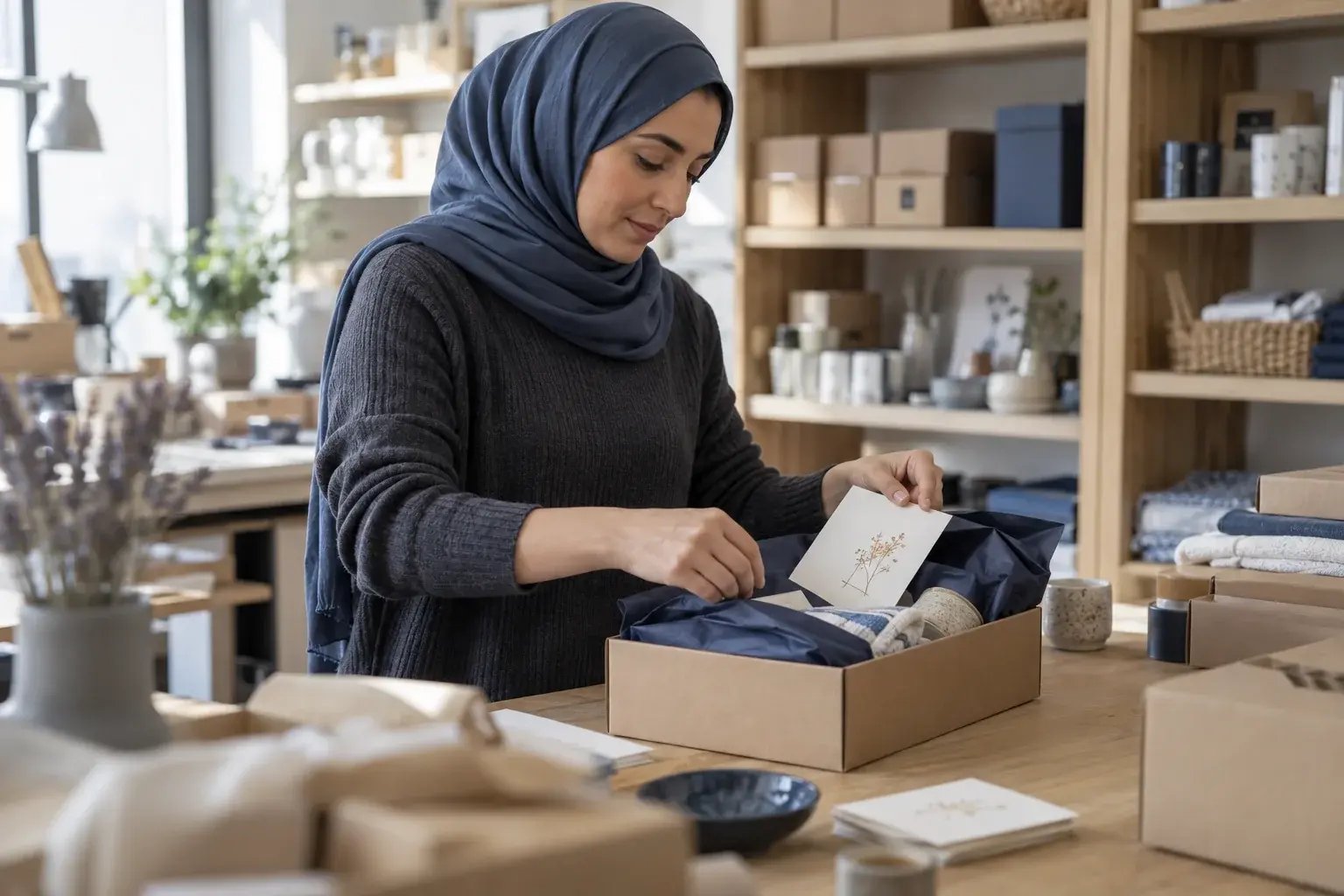 Une entrepreneure soignant la présentation d’une commande et son emballage. Produits : produits artisanaux et échantillons de vente au détail.