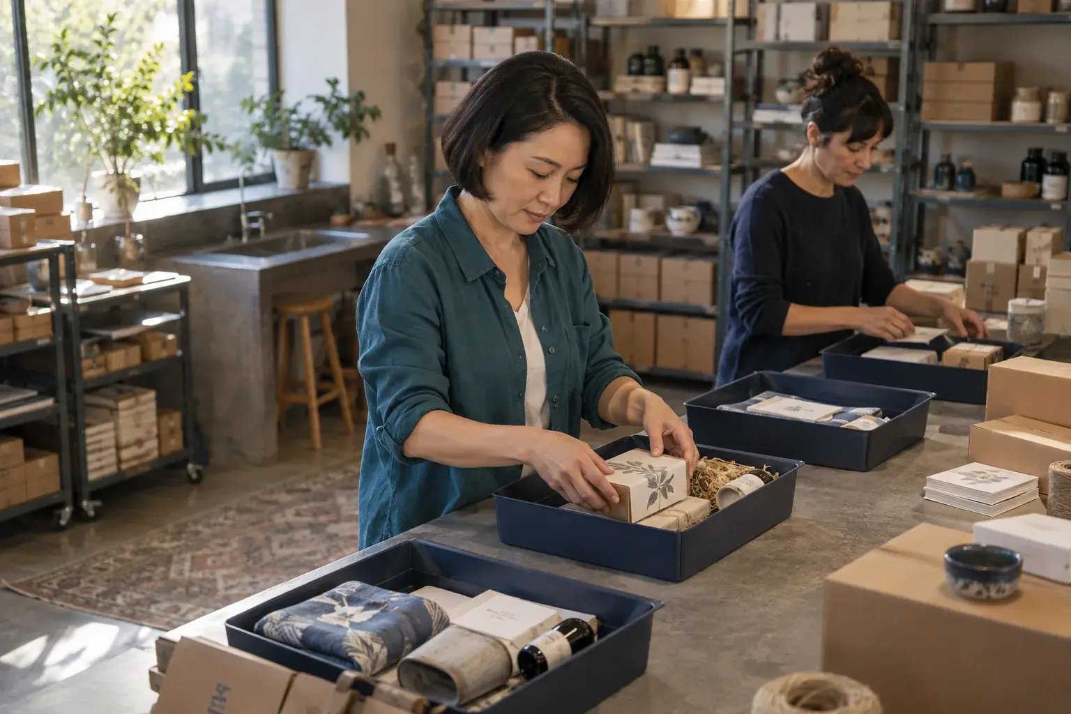 Une professionnelle organisant un lot de commandes avec un collègue. Produits : produits artisanaux et échantillons de vente au détail.