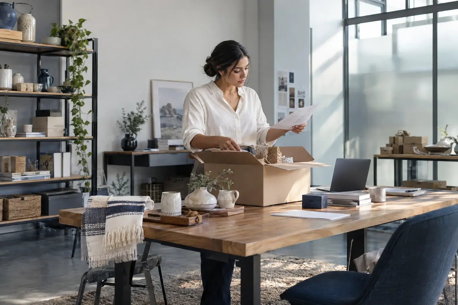 Une entrepreneure vérifiant les documents d’un envoi transfrontalier. Produits : produits artisanaux et échantillons de vente au détail.