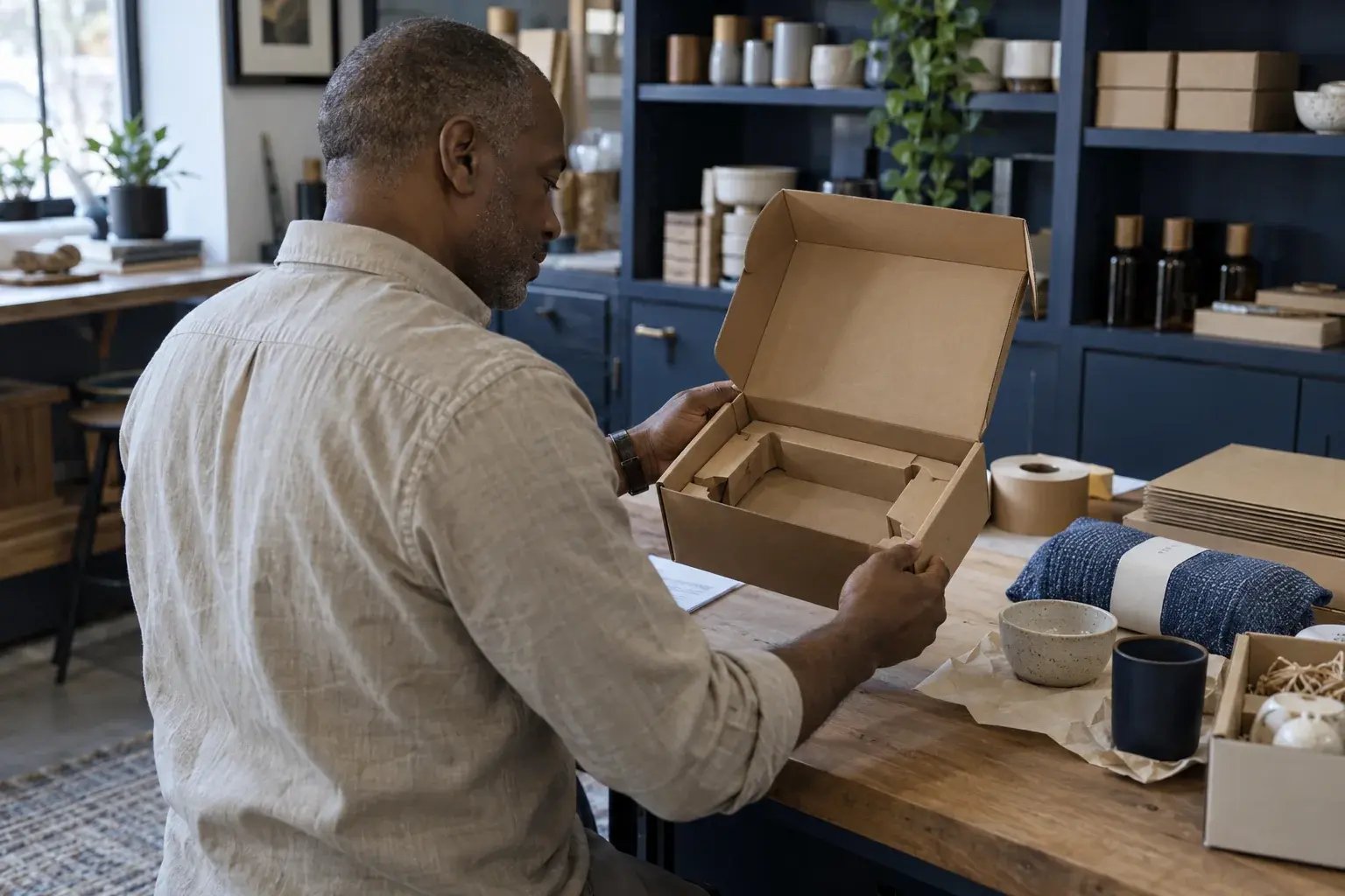 Un professionnel choisissant une boîte adaptée à un produit. Produits : produits artisanaux et échantillons de vente au détail.