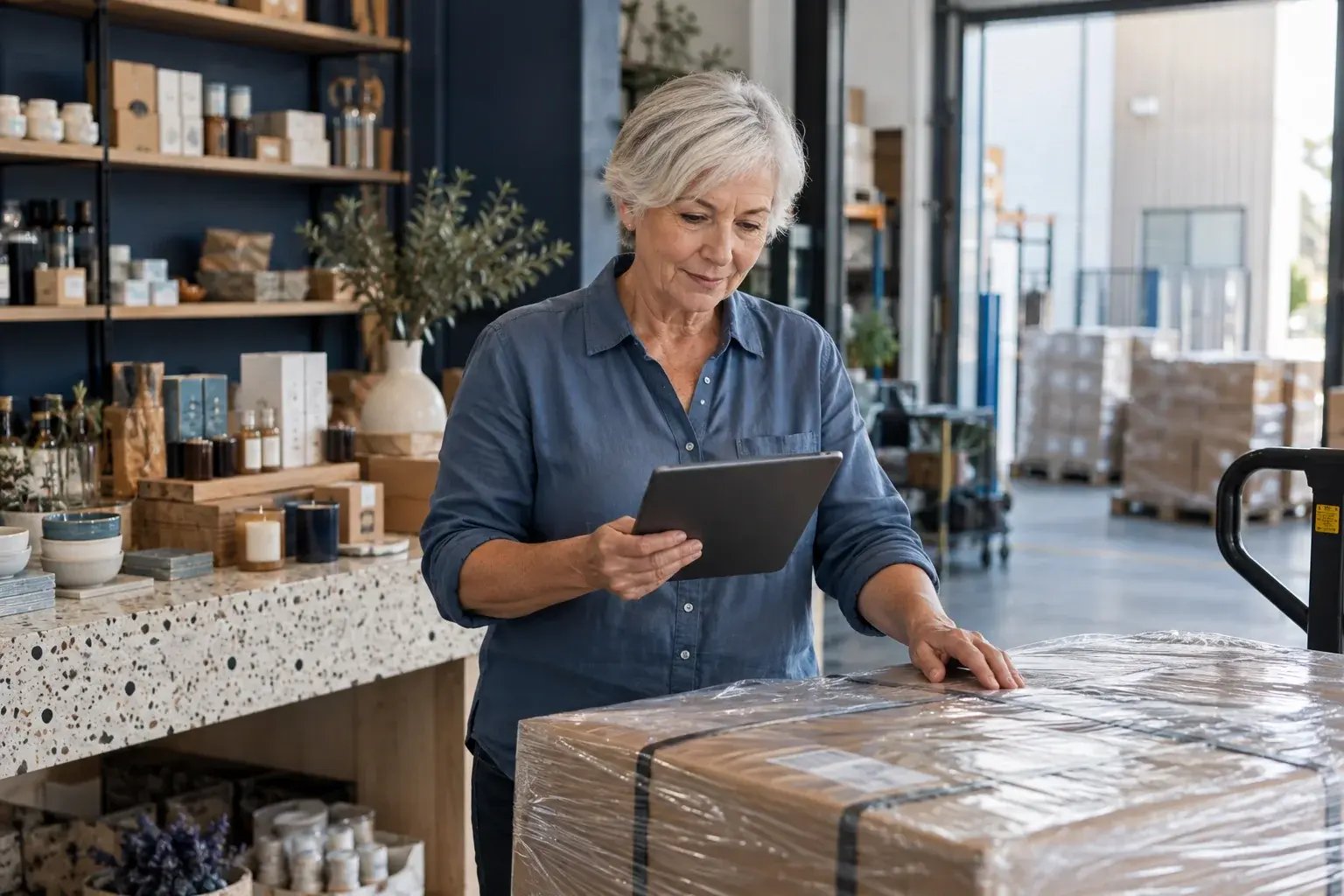 Une professionnelle vérifiant une commande sur palette à l’aide d’une tablette. Produits : produits artisanaux et échantillons de vente au détail.