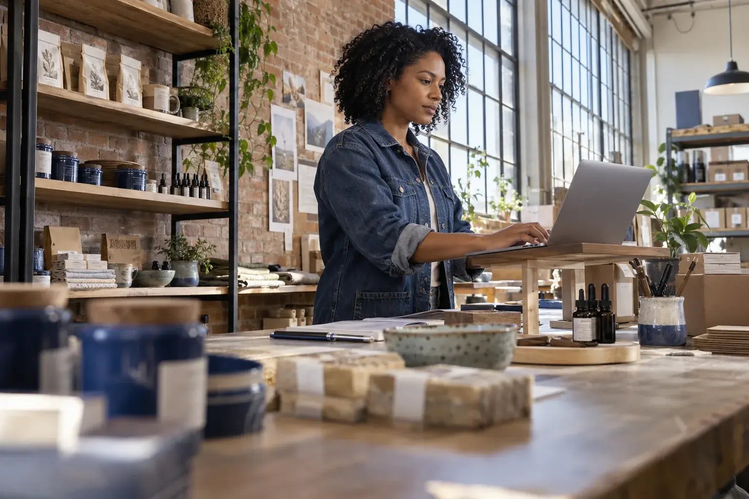 Une entrepreneure organisant les commandes récurrentes près des étagères de produits. Produits : produits artisanaux et échantillons de vente au détail.