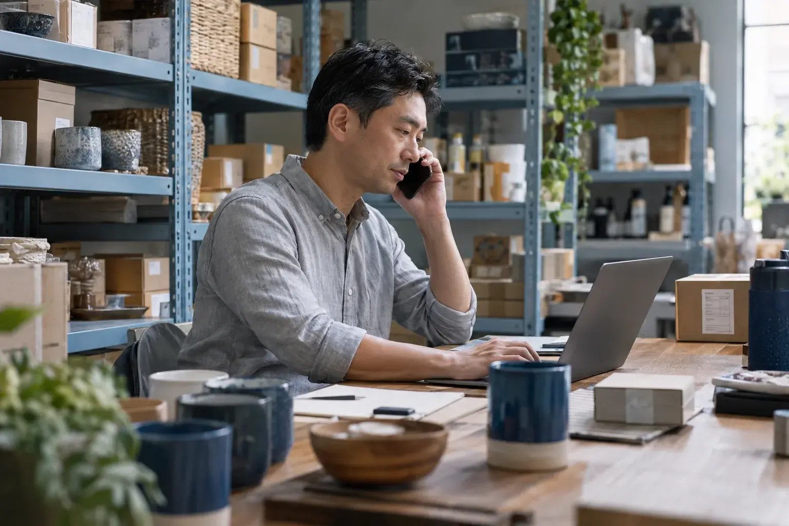 Un entrepreneur répondant à une question sur la livraison au bureau. Produits : produits artisanaux et échantillons de vente au détail.