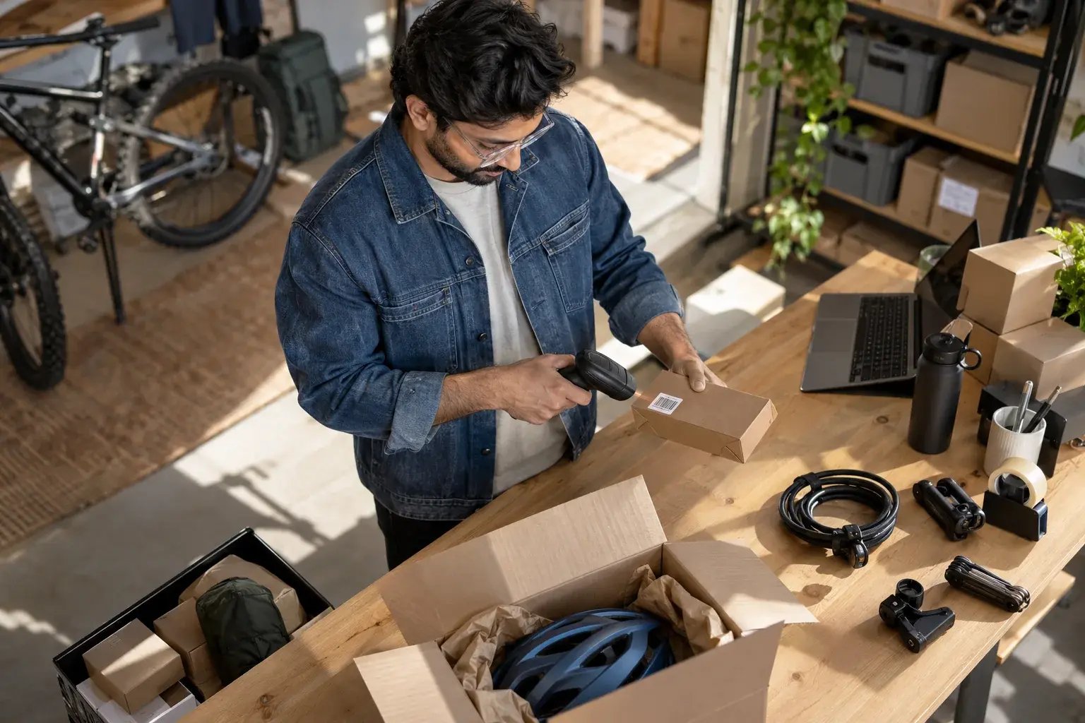 Un entrepreneur numérisant un produit au poste d’emballage. Produits : accessoires de vélo et équipement de plein air.