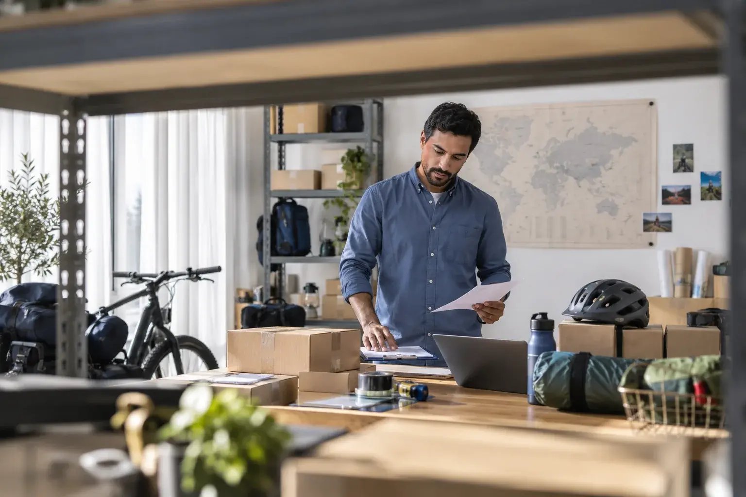 Un entrepreneur préparant les documents d’une commande internationale. Produits : accessoires de vélo et équipement de plein air.