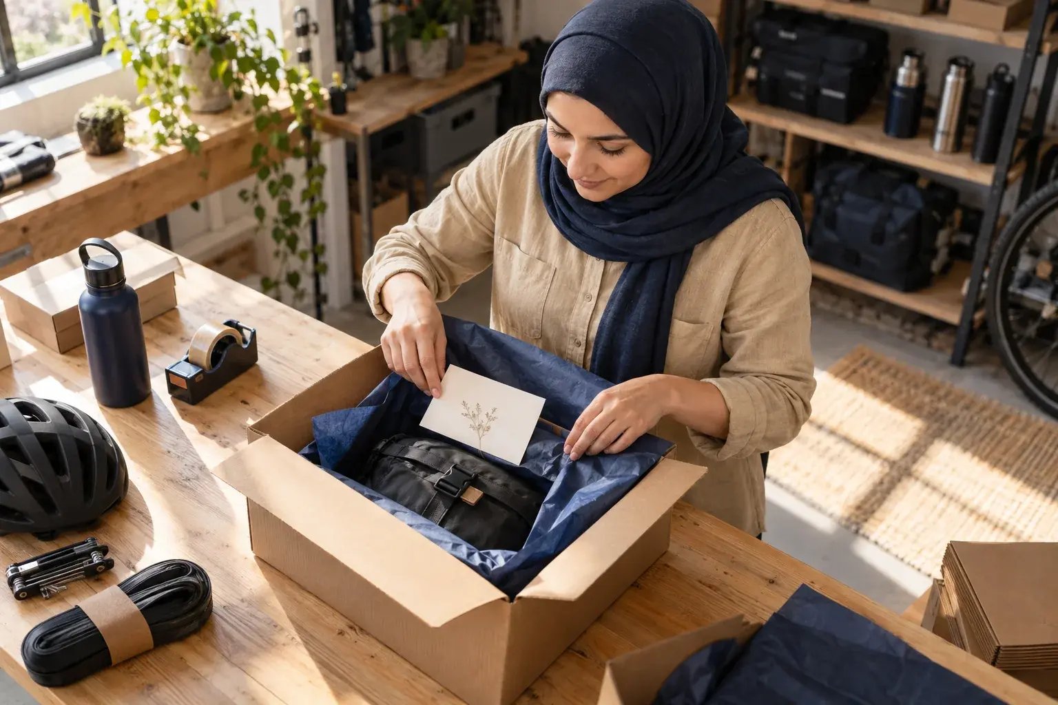 Une entrepreneure soignant la présentation d’une commande et son emballage. Produits : accessoires de vélo et équipement de plein air.