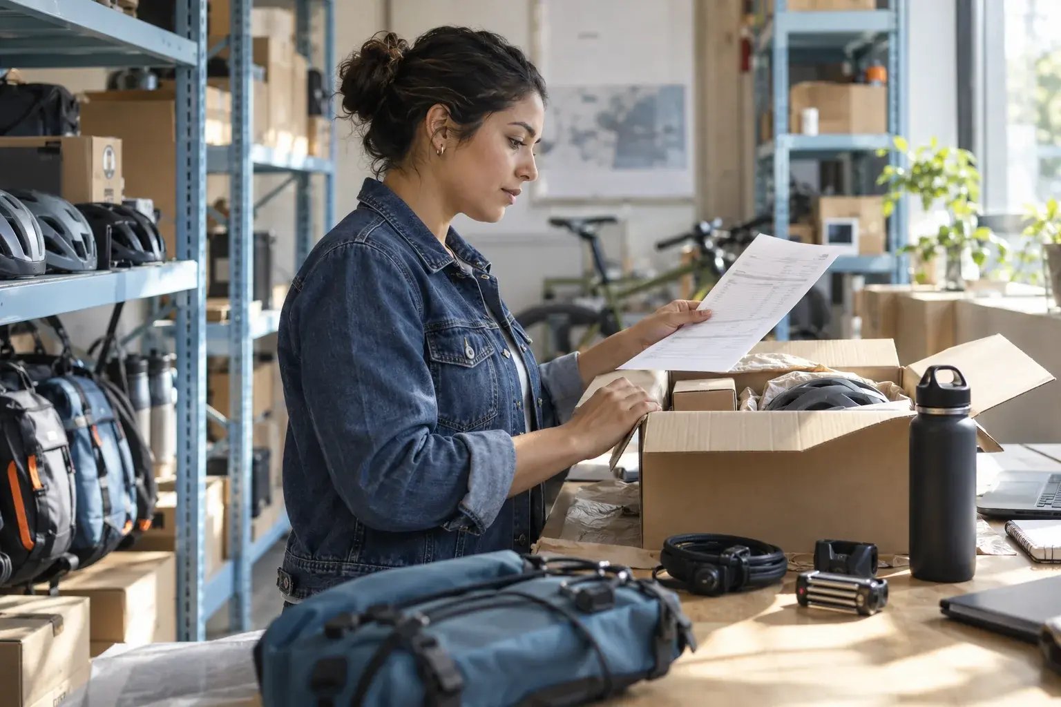 Une entrepreneure vérifiant les documents d’un envoi transfrontalier. Produits : accessoires de vélo et équipement de plein air.